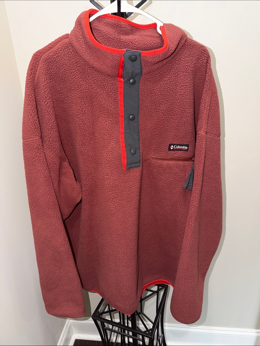 Columbia Men's Zip-Up Sherpa Pullover in Rust Red with Gray Trim